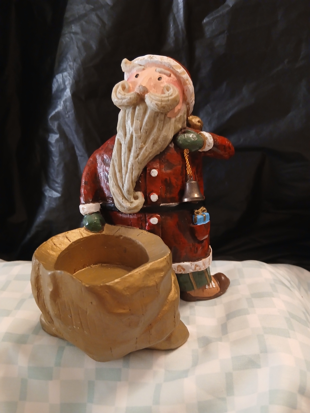 Hand-Painted Red Santa Figurine/Candle Holder  with Gold Sack - Holiday Decor